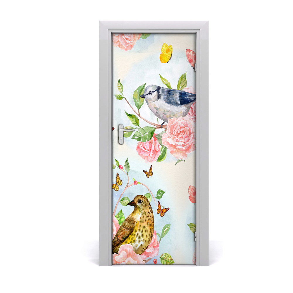 Autocolant de uşă Păsări trandafiri