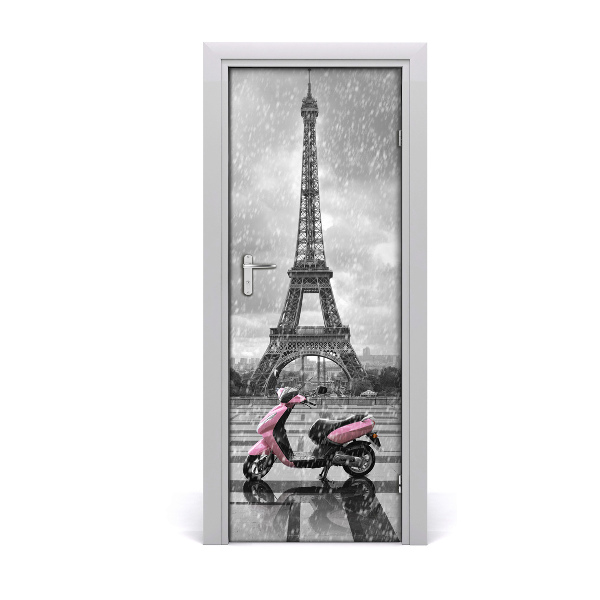 Tapet autocolant pentru uși Scooter pe fundalul Turnului Eiffel