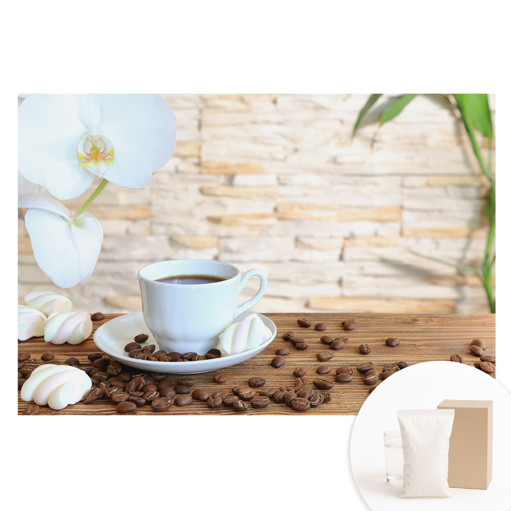 Fototapet din material nețesut Cafea și orhidee pe lemn