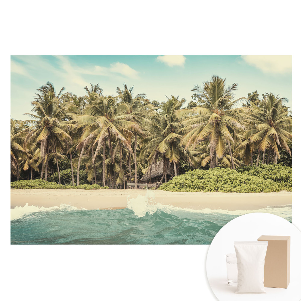 Fototapet din material nețesut cu imprimeu paradis tropical cu palmieri și cer albastru