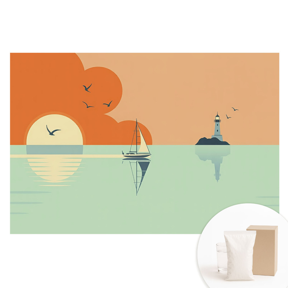 Tapet foto mare pentru perete O barcă cu pânze și un far pe fundalul unui răsărit de soare