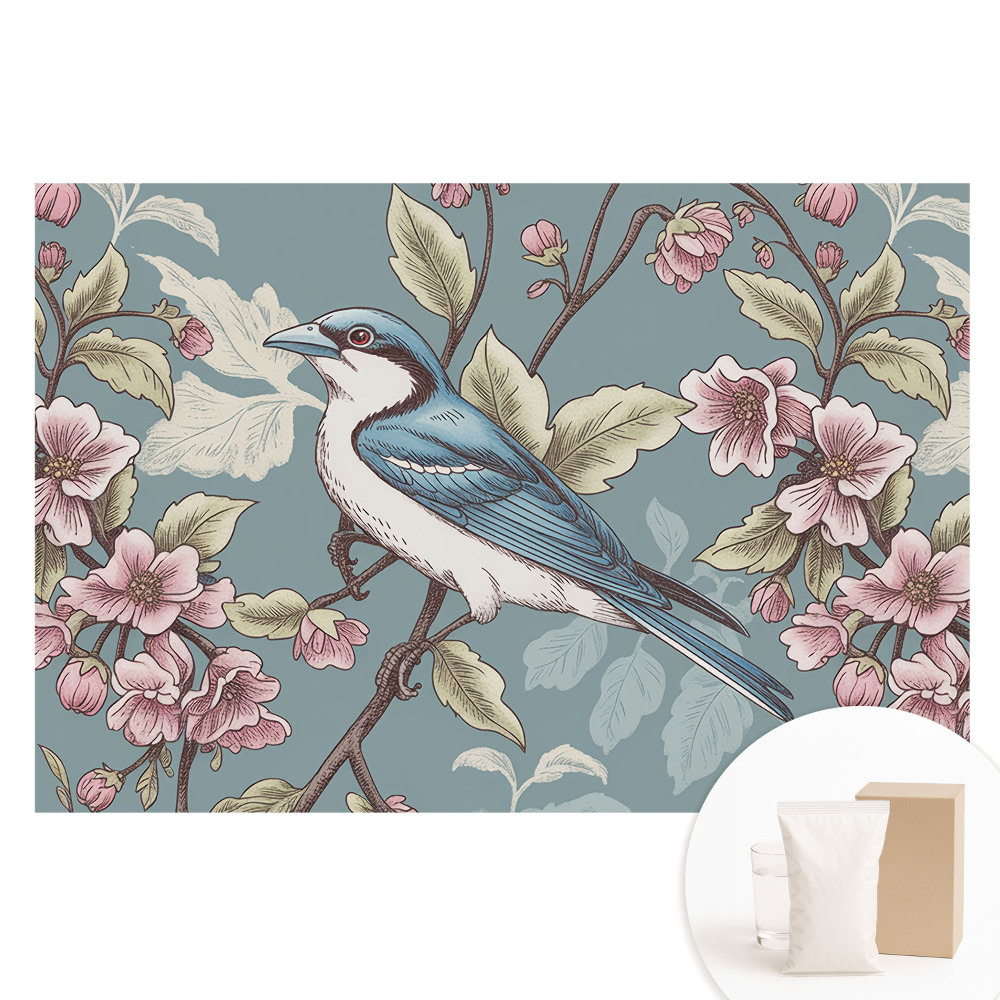 Tapet fotografic pe material nețesut O pasăre și crengi de cireș înflorite