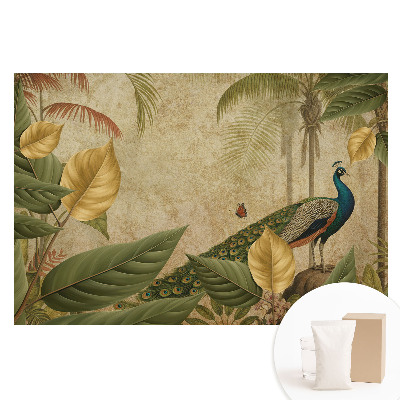 Tapet fotografic nețesut cu motiv de păun tropical printre verdeață