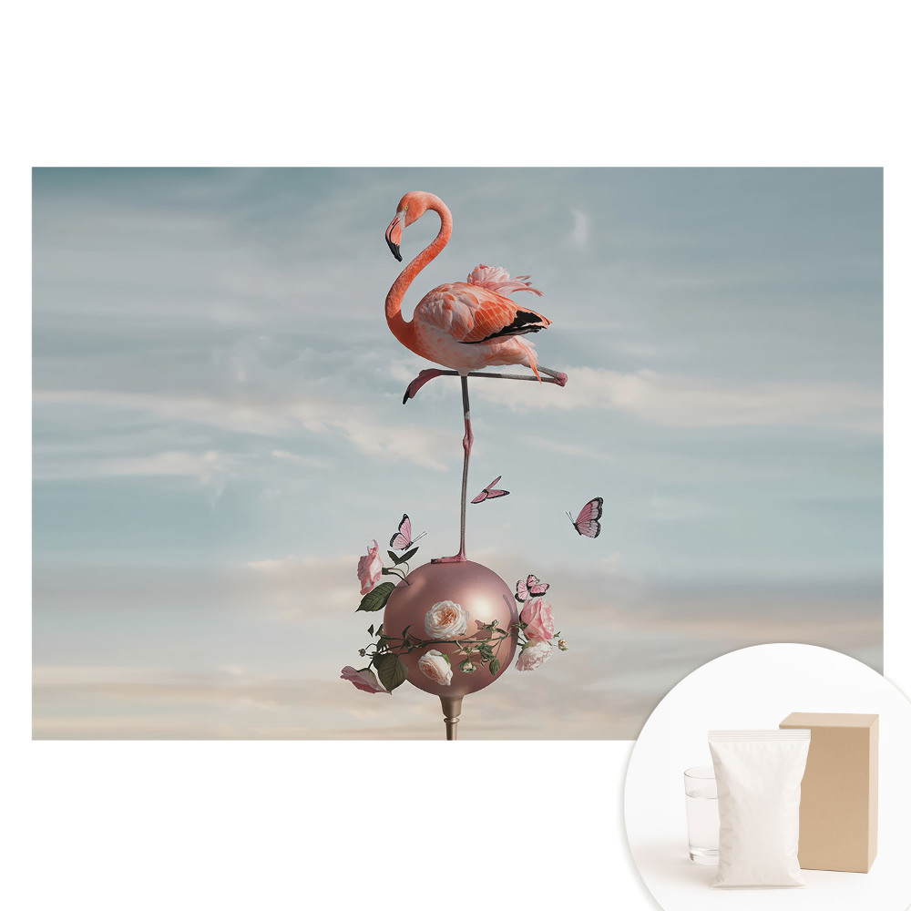 Tapet foto pe material nețesut cu design cu flamingo, flori și fluturi