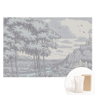 Tapet nețesut cu imprimeu Castel, pădure, râu, ilustrație clasică