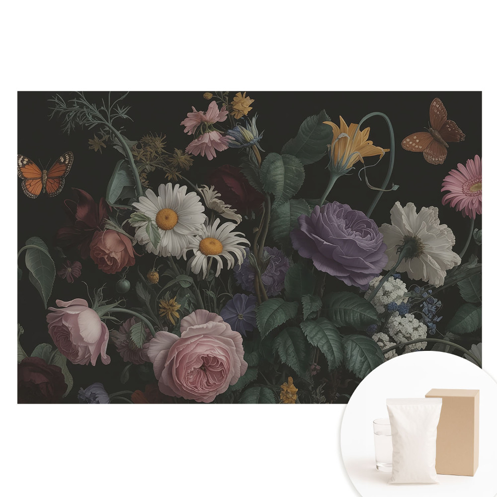 Fototapet cu imprimeu pe material nețesut Buchet floral cu fluturi pe fundal închis