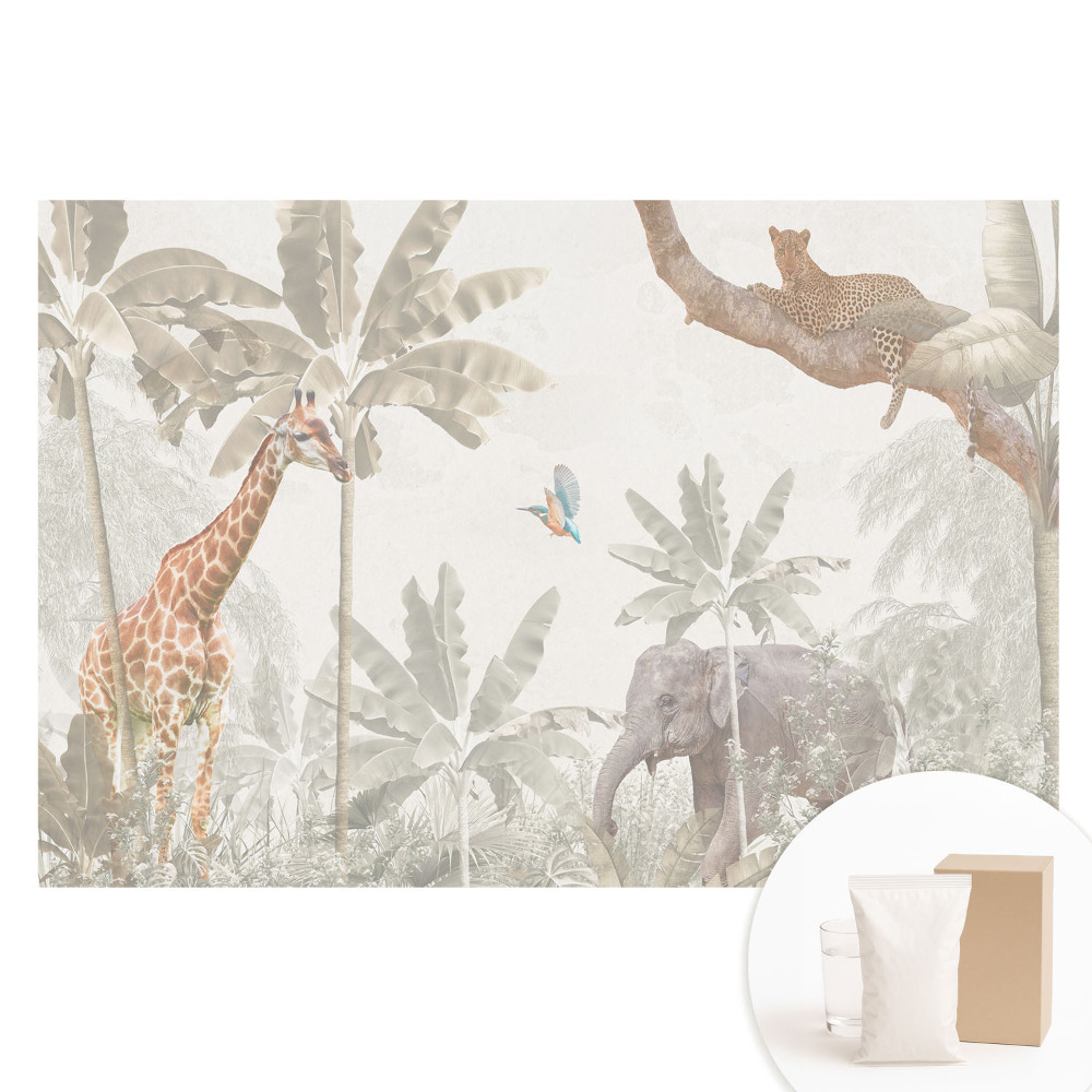Tapet fotomural nețesut cu design de faună și floră exotică în tonuri pastelate