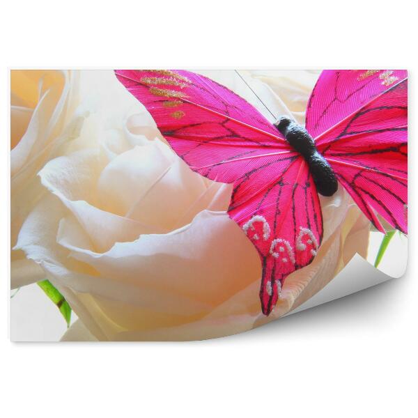 Decor fototapet Trandafiri albi flori fluture roz plante