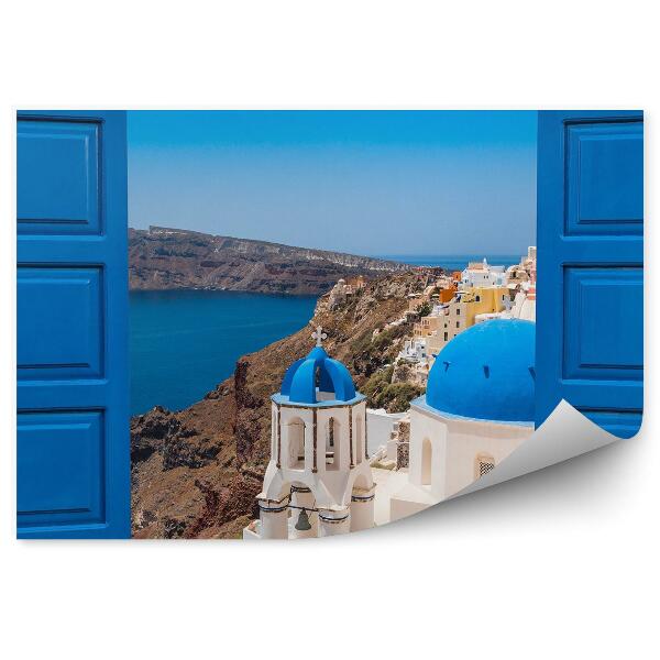 Fototapet vintage Fereastră cu vedere spre Santorini