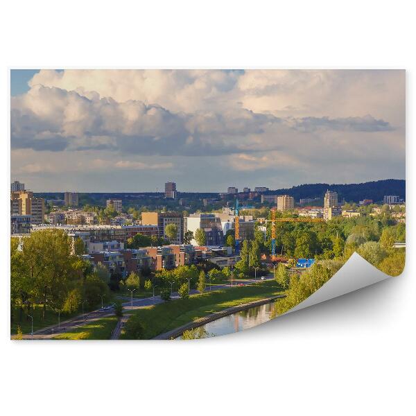 Fototapet perete Vedere A Turnului Gediminas Clădiri Zgârie-Nori Copaci Râu Trotuar Cer Nori Vilnius