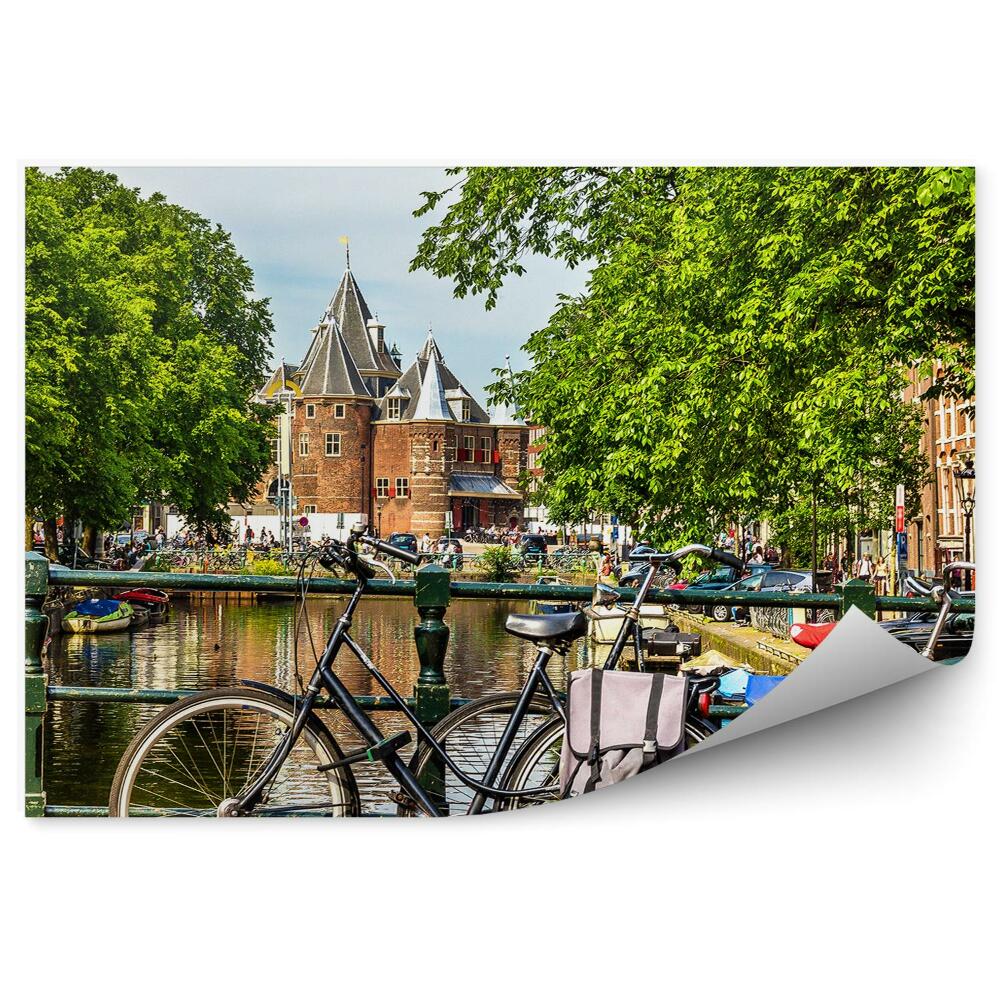 Fototapet perete Amsterdam biciclete pod râu oraș