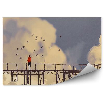 Fototapet vintage Poză Cu Păsări Dig Nori Cer Băiat