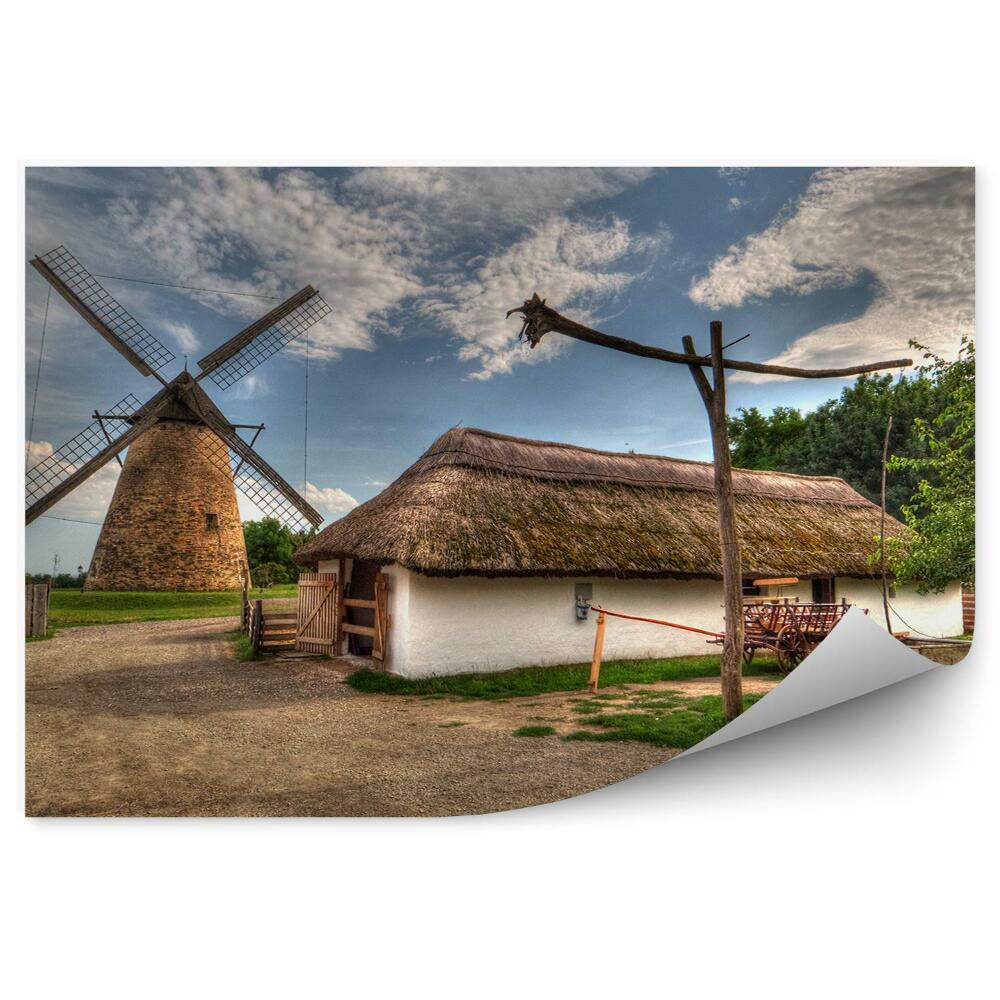 Fototapet vintage Sat Tradițional Maghiar Moara De Vânt Cărucior Copaci Cer Nori Sol