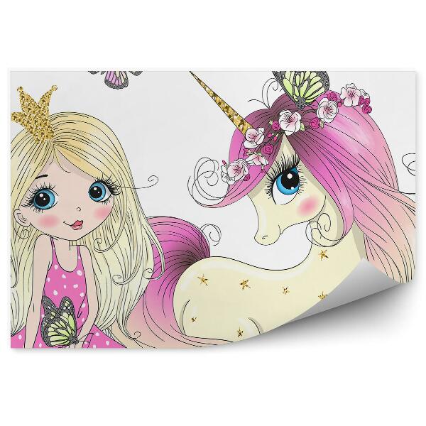 Decor fototapet Printesa unicorn fluturi incoroneaza flori de aur