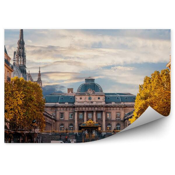Fototapet Catedrala Sainte Chapelle Palatul De Justiție Paris Copaci Pasarela Oameni Cer Nori