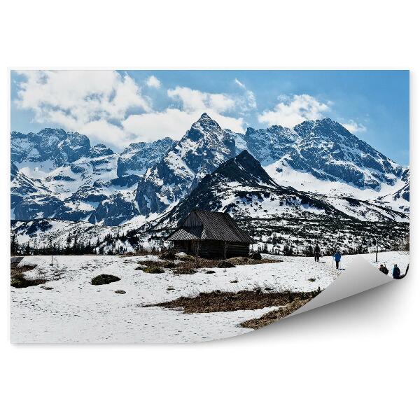 Fototapet perete Drumul Spre Adăpost, Cabane, Munți, Munții Tatra, Zăpadă, Oameni, Cer, Nori, Vârf