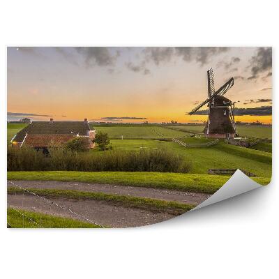 Fototapet perete Apus De Soare Iarbă De Câmp Moara De Vânt Din Lemn