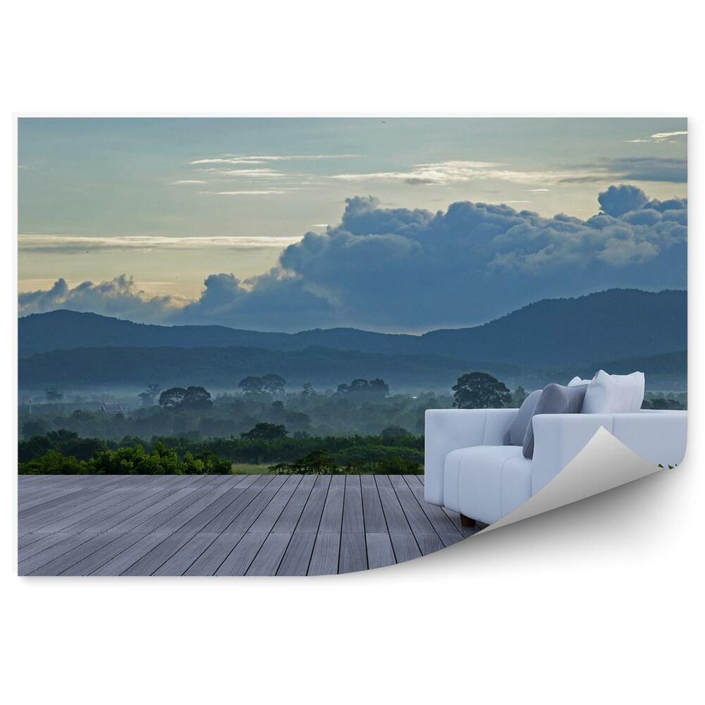 Fototapet perete 3D Canapea Din Lemn Terasa Vedere Munti Copaci Nori Cer