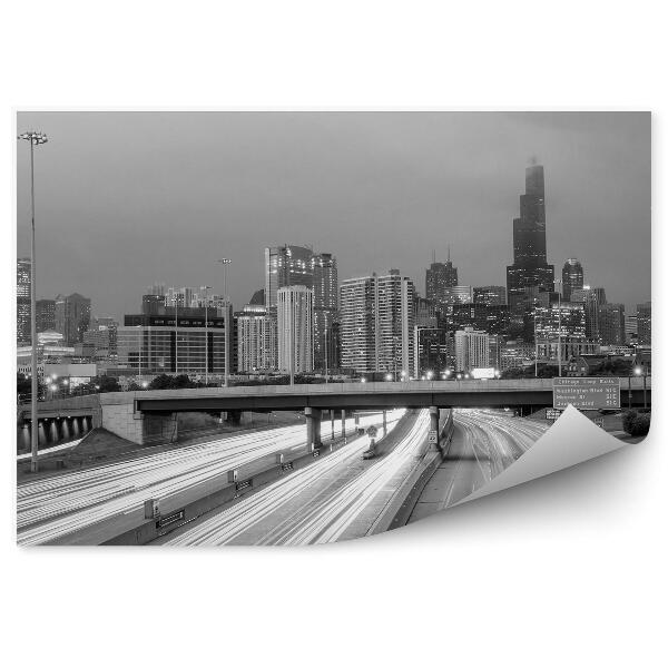 Fototapet perete Sepia Vedere Aeriană A Centrului Orașului Chicago Zgârie-Nori Pod Lumini Stradale