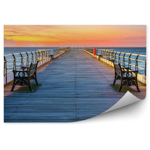 Fototapet Ocean Beach Sunset Benches Pier Nord-Estul Angliei