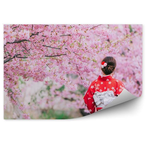 Decor fototapet Femeie kimono oras natura copaci ciresi infloriti