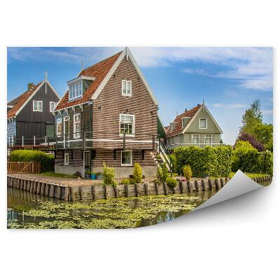 Fototapet vintage Frumos Sat De Pescari Copaci Rau Cer Nori