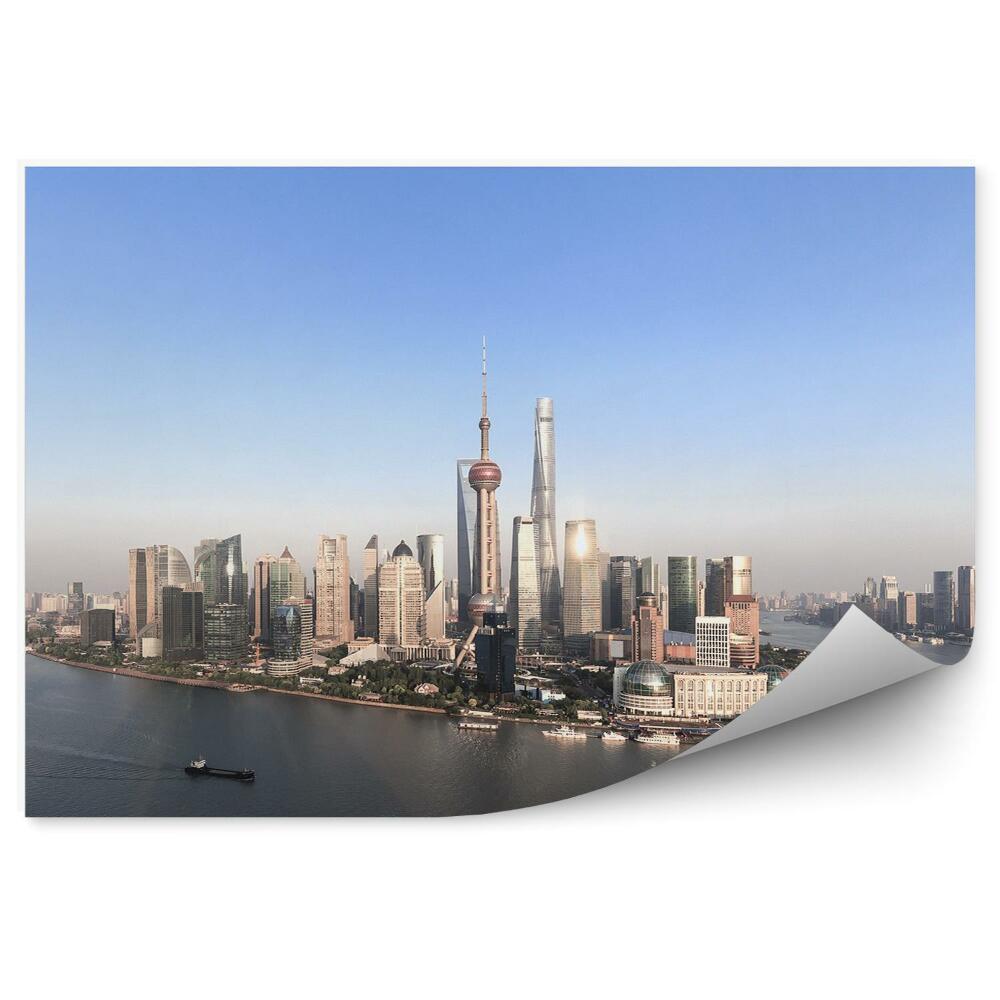 Decor fototapet Vedere Panoramică La Zgârie-Nori Din Shanghai, Copaci, Bărci, Vedere La Cerul Oceanului