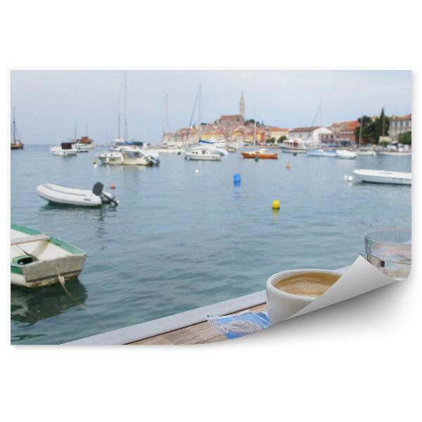 Decor fototapet ceașcă de cafea port bărci iahturi apă oraș