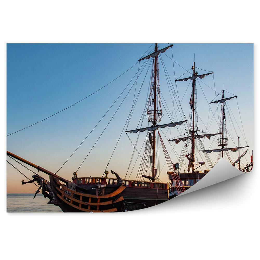 Fototapet vintage Nave din lemn debarcader portul apus de soare