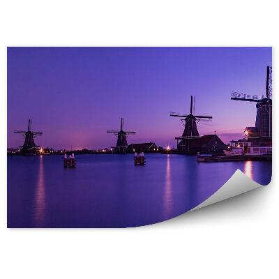 Fototapet vintage Cerul de noapte mori de vânt pe apă