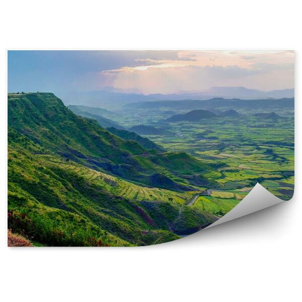 Fototapet vintage Panorama Munților Drum Câmpuri Plante Verzi Cer Nori Soare