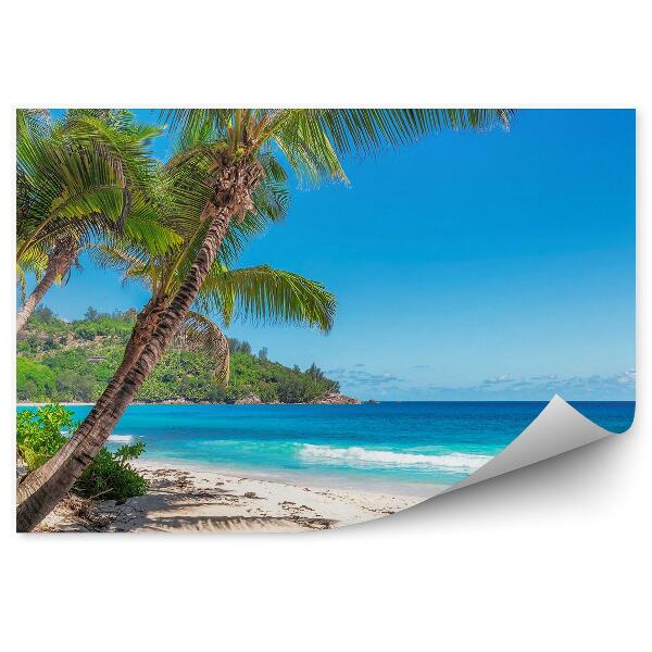 Fototapet vintage Plajă Tropicală Ocean Roci Plante Copaci Cer Nori Seychelles