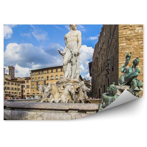 Fototapet vintage Fântâna Lui Neptun Clădiri Cer Înnori Florența Italia