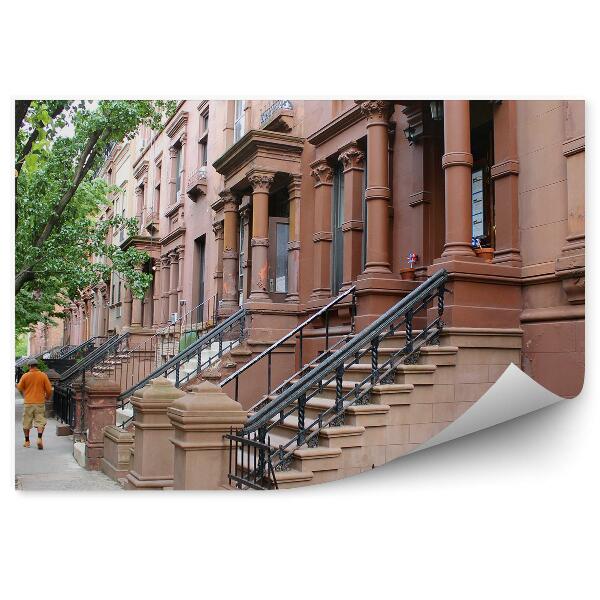 Decor fototapet Cladiri Harlem New York Copaci Oameni Masini Scari