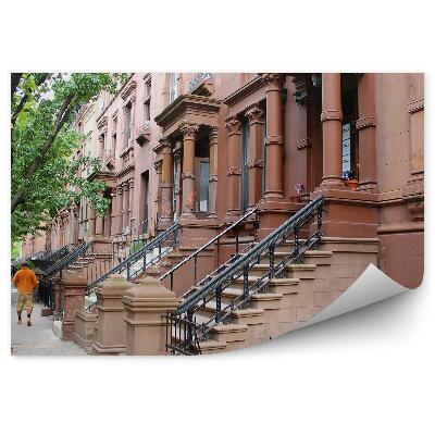 Decor fototapet Cladiri Harlem New York Copaci Oameni Masini Scari