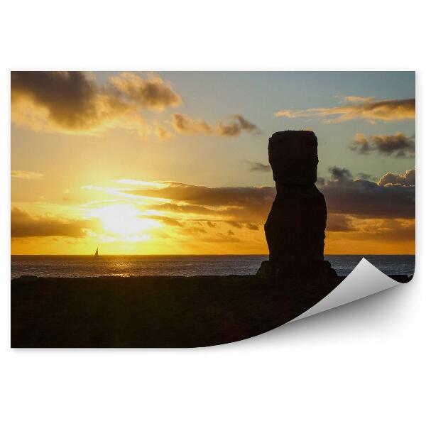 Fototapet Apus De Soare Ocean Bărci Moai Statuie Insula Paștelui