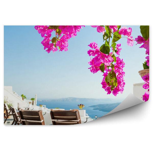 Decor fototapet Flori Frumoase De Terasă Cu Vedere La Insula Santorini