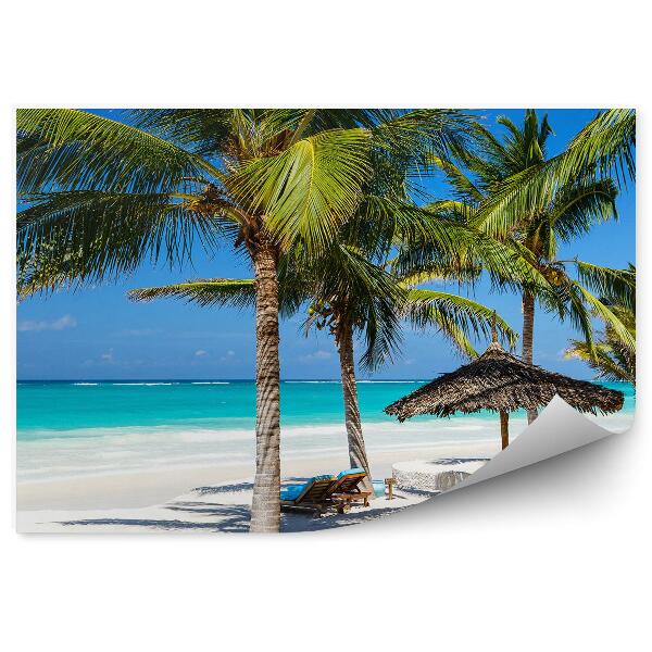 Fototapet pentru perete Palmieri Tropicali Plajă Ocean Cer Nori Șezlonguri Scoici