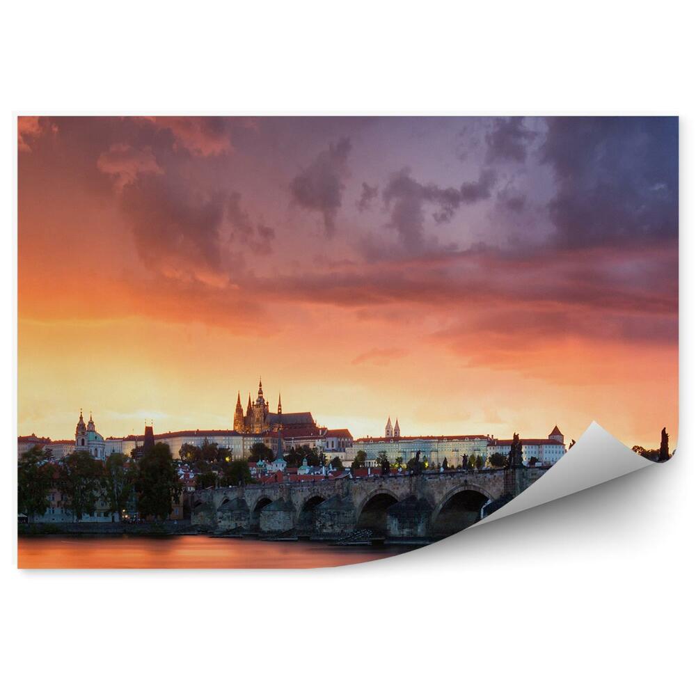 Fototapet Poduri Praga Oraș Panorama Noapte Lumini Apus De Soare