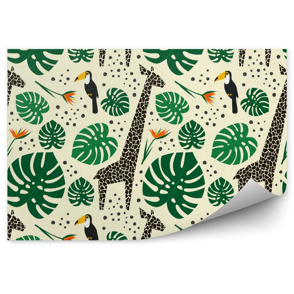 Fototapet perete Toucans, giraffes and palm leaves seamless pattern on white background