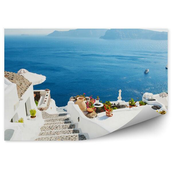 Decor fototapet Alb Arhitectura Scari Insula Iahturi Flori Santorini Grecia