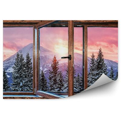 Fototapet pentru perete Fereastra Din Lemn De Zăpadă De Iarnă În Cabană Cu Vedere La Pomul De Crăciun