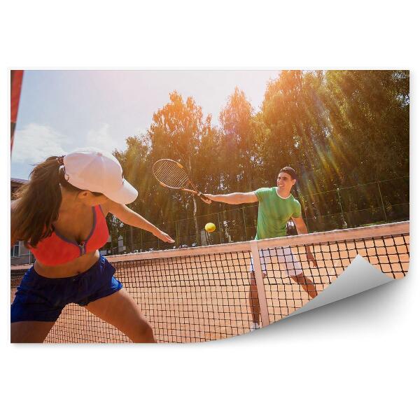 Fototapet vintage Joc de tenis cu rachete de tenis mingi plasă copac construcție