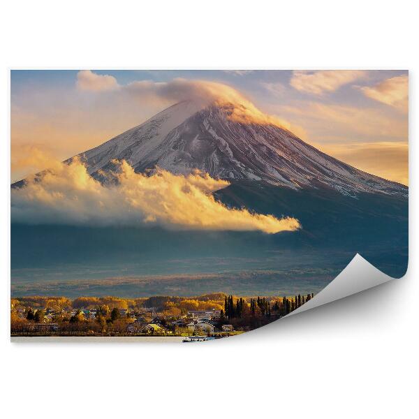 Fototapet perete Muntele Fuji Apus De Soare Ceață Clădiri Lacul Yokohama Apus