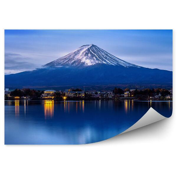 Fototapet vintage Muntele Fuji Apus De Soare Ceață Clădiri Lacul Yokohama Noapte