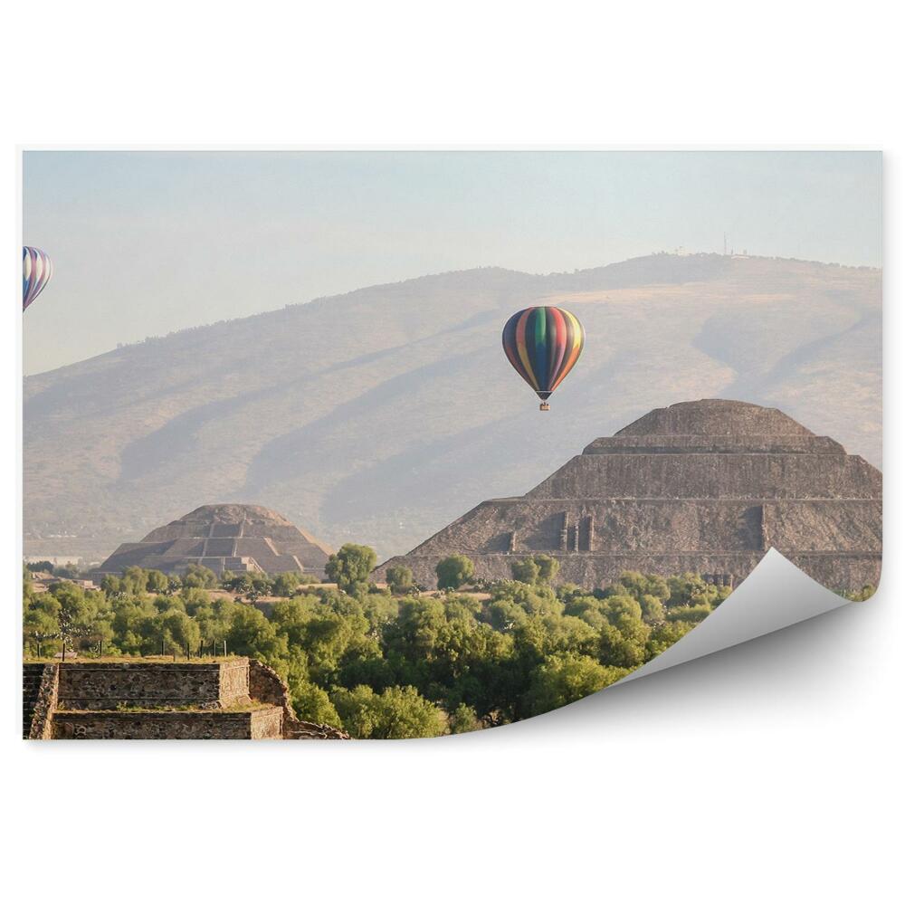 Fototapet perete Balon Cu Aer Cald, Piramidă, Mexic, Copaci, Munți