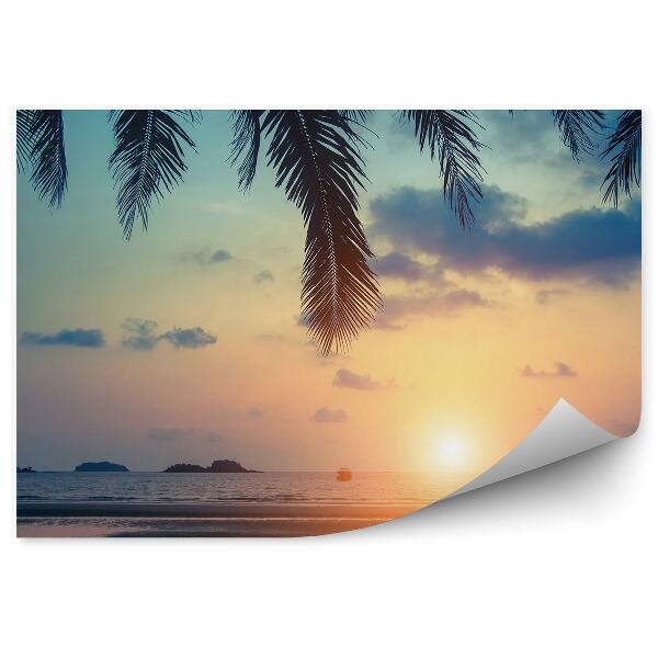 Fototapet pentru perete Plaja Tropicală Mare Nave Palmieri Stânci Cer Nori