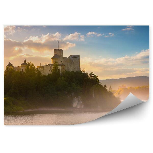 Fototapet vintage Castelul Medieval Niedzica, Lacul Czorsztyńskie, Conifere, Cer, Nori, Munții Pieniny