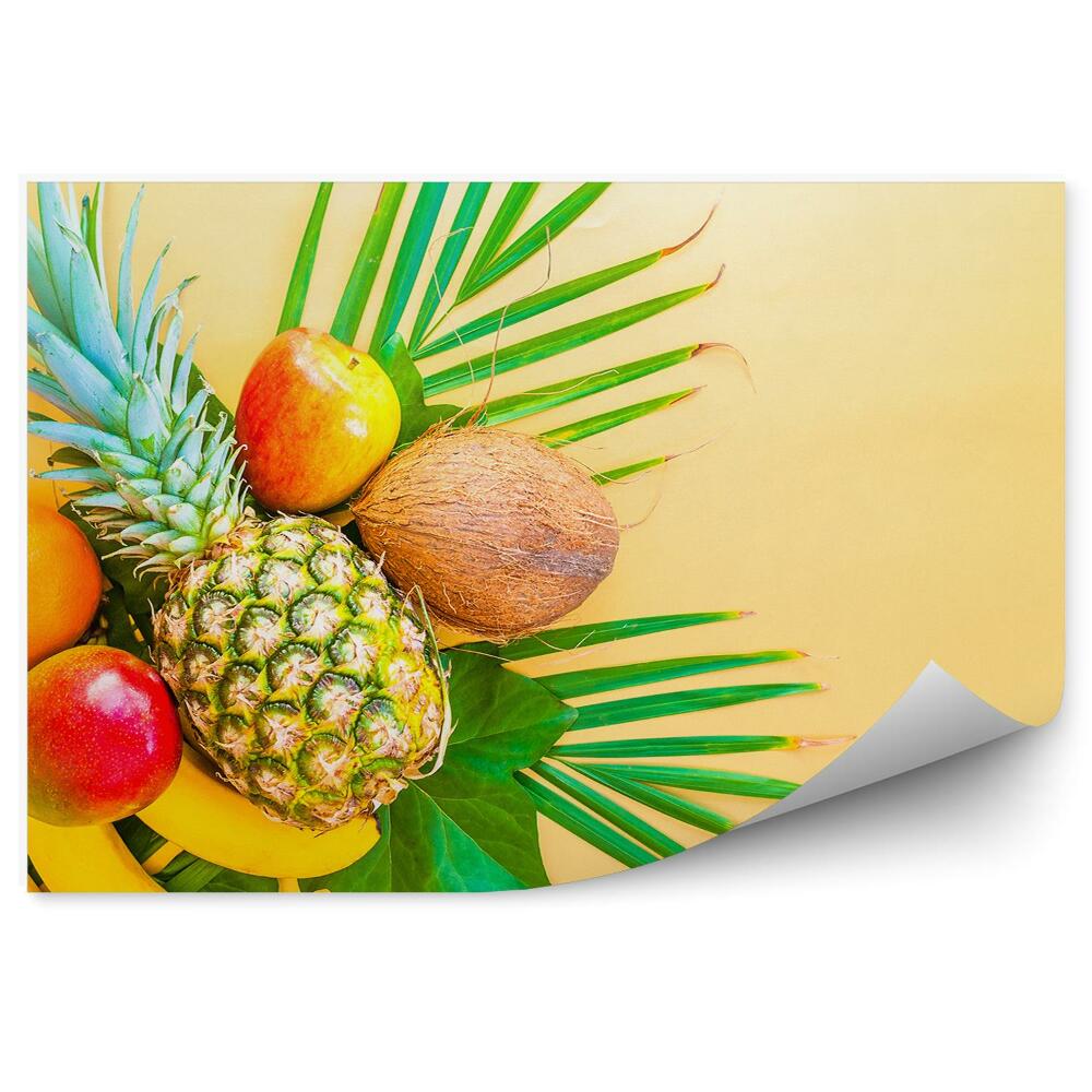 Decor fototapet Fructe tropicale frunze de nucă de cocos ananas fundal galben