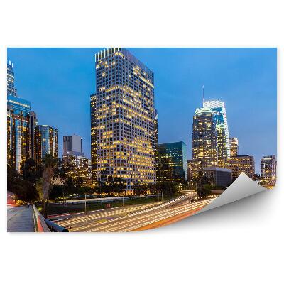 Fototapet vintage Zgârie-Nori Din Los Angeles, Lumini, Autostradă, Trafic